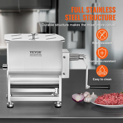 VEVOR Manual Meat Mixer, 10L Fixed Tank – Heavy Duty Stainless Steel Hand Mixer for Ground Beef & Sausage, Max 15lb Mixing Meat Capacity, with Gear Box and Lid Handle