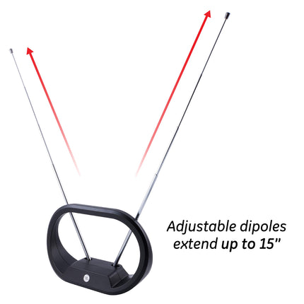 GE UltraPro Traditional Rabbit Ears Indoor Black TV Antenna, Dipoles, Weighted Base, Tabletop Antenna, Digital, HDTV Antenna, Smart TV Compatible, 4K 1080P VHF UHF, Compact Design, 33675