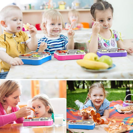 DaCool Stainless Steel Lunch Box Bento for Kids Adults Leakproof BPA-Free Metal Lunch Containers Tray 5-Compartment with Fork for Girls Food Snack Containers for School Outdoors, Pink