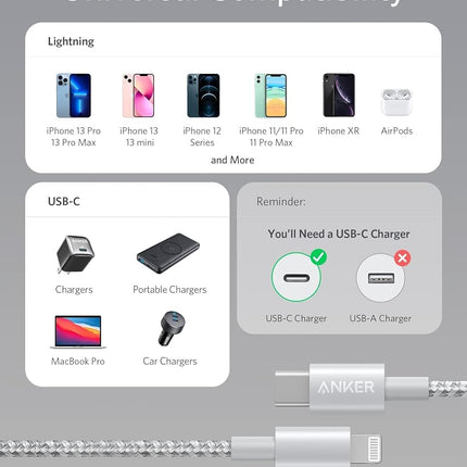 Anker New Nylon USB C to Lightning Cable, Apple MFi Certified for iPhone 14 Series, and More (6FT,Silver)