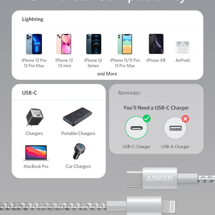 Anker New Nylon USB C to Lightning Cable, Apple MFi Certified for iPhone 14 Series, and More (6FT,Silver)