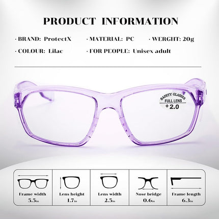 ProtectX Stylish Anti-Fog & Scratch-Resistant Safety Glasses With Readers, UV Protection Goggles, Anti-Impact Lightweight Glasses for Men＆Women Lilac Reading 2.0-2 Pack
