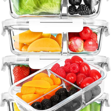 M MCIRCO [5-Pack,36 oz] Glass Meal Prep Containers 3 Compartment with Lids, Glass Lunch Containers,Food Prep Lunch Box,Bento Box, Microwave, Oven, Freezer, Dishwasher (4.5 Cups, White)
