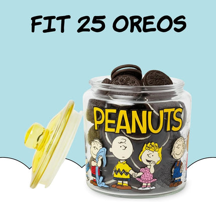 Silver Buffalo Peanuts Squad Featuring Charlie Brown, Snoopy, Schroeder, Lucy, Linus, Sally, Pigpen, Woodstock, and Franklin Glass Cookie Snack Candy Jar with Lid (Small)