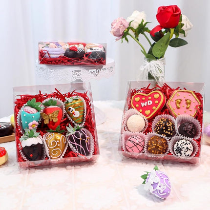 RomanticBaking 50pcs 6x6x2Inches Plastic Clear Babkery Box for Chocolate Truffle,Cookies, Chocolate Strawberries, Cake, Cakesickle Macaron & Treat Box for Christmas Valentine's