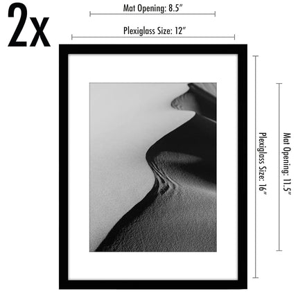 Americanflat 12x16 Picture Frame in Black - Set of 2 - Use as 9x12 Picture Frame with Mount or 12x16 Frame Without Mount - Includes Sawtooth Hanging Hardware for Horizontal or Vertical Display