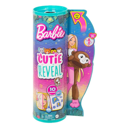 Barbie Dolls and Accessories, Cutie Reveal Doll with Monkey Plush Costume & 10 Surprises Including Color Change, Jungle Series