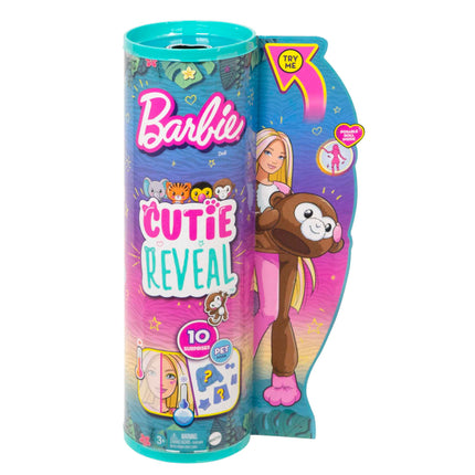 Barbie Dolls and Accessories, Cutie Reveal Doll with Monkey Plush Costume & 10 Surprises Including Color Change, Jungle Series