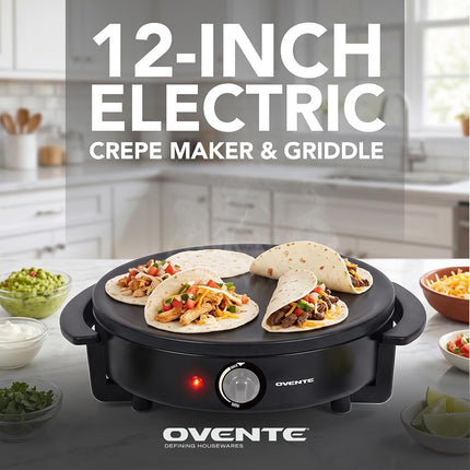 OVENTE Crepera y Plancha Eléctrica de 12 Pulgadas – Placa Caliente Antiadherente con Temperatura Ajustable, Indicador LED, Esparcidor de Masa y Espátula, Negro CRM1122B