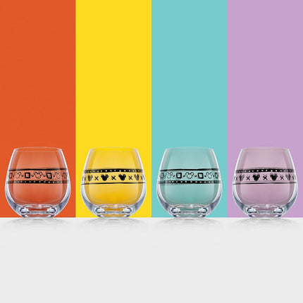 JoyJolt Disney Mickey Mouse Geo Picnic Stemless Wine Glasses for Red or White Wine (Set of 4) 15 Ounces