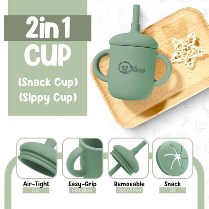 Juego de alimentación de silicona sin BPA de 17 piezas O'doe para bebé | Platos de succión gruesos y suaves, cuencos para bebé, tenedor y cuchara de madera, y más (Verde, V2: Paquete Nurture [17 piezas])