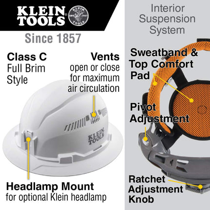 Klein Tools 60861BR Hard Hat, Vented, Full Brim Style, Padded, Self-Wicking Odor-Resistant Sweatband, Orange