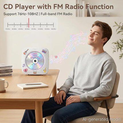 CD Player Portable : CD Players for Home Bluetooth 1800mAh Rechargeable Desktop Wall Kegaudio HiFi Speakers with Dust Cover LCD Screen Display FM Radio USB AUX Jack Remote Control (Light White)