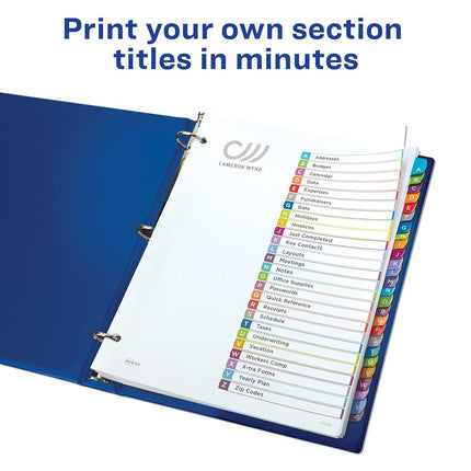 Avery A-Z 26 Tab Dividers for 3 Ring Binders, Customizable Table of Contents, Multicolor Tabs, 1 Set, 12 Packs (11844)
