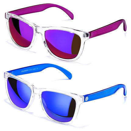 Gafas de sol COLOSSEIN para mujer, montura cuadrada clásica, lentes espejadas con protección UV400, ideales para la playa, vacaciones, conducir, A3 - Morado + Azul - Lentes Espejadas, 55