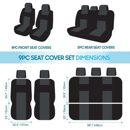 BDK PolyPro Car Seat Covers Full Set in Blue Gray on Black, Front and Rear Split Bench Seat Covers for Cars, Easy to Install Car Seats Cover Set and Accessories for Auto Trucks Van SUV - Blue Gray