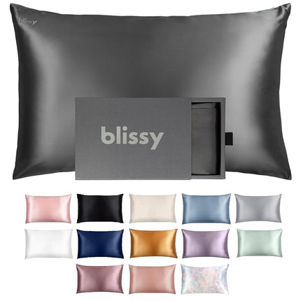 Funda de almohada de seda BLISSY - 100% seda de morera pura - Fibras de alta calidad 6A de 22 Momme - Funda de almohada de satén para cabello y piel - Regular, Queen y King con cremallera oculta, gris