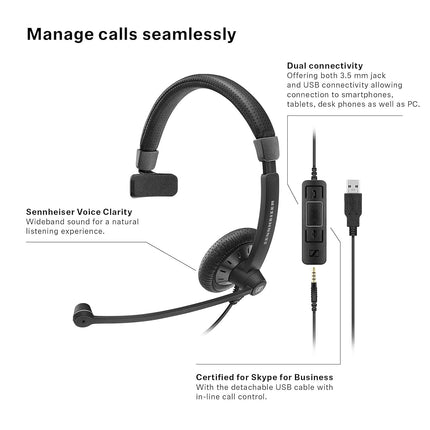 Samsung SC 45 USB MS (507083) - Single-Sided Business Headset | for Skype for Business, Mobile Phone, Tablet, Softphone, and PC | HD Sound & Noise-Cancelling Microphone (Black)