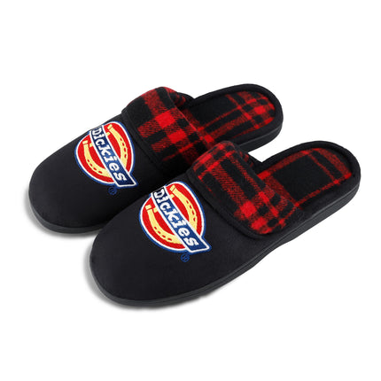 Dickies Men's Open Back Slide-On Plaid Fold-Over Scuff Slippers with Embroidered Logo Slippers, black, XX-Large