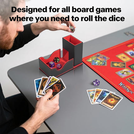 Stepane Dice Tower and Tray, Portable Commander Deck Box, Foldable Dice Storage Box for Dungeons and Dragons Rolling Tray Black/Red