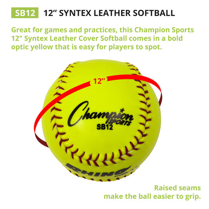 Champion Sports SB12 Optic Yellow Syntex Cover Softballs, 12 po, Paquet de 12