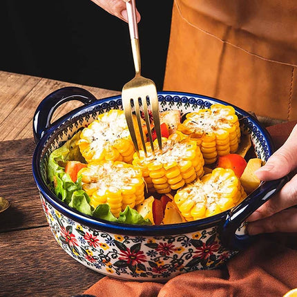 Bicuzat Red Daisy Flower Vintage Style Ceramic Bakeware Casserole Dish Baking Pan Lasagna Pans Baking Dish with Handles for Oven/Cooking/Kitchen-1 PCS, 32 OZ