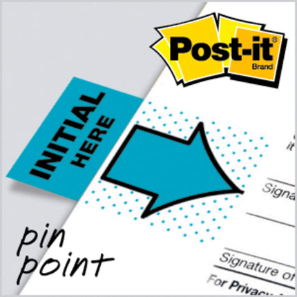Banderitas adhesivas Post-it estándar en dispensador, 25 mm de ancho, azules con "Inicial aquí", 100 banderitas, 680-IH2