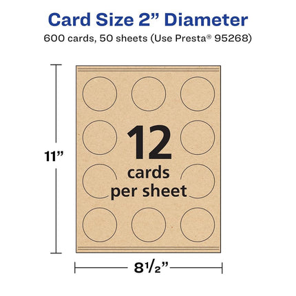 Avery Printable Round Business Cards with Sure Feed Technology, 2" Diameter, Kraft Brown Cardstock, Print-to-the-Edge, Laser/Inkjet Cards, 600 Total