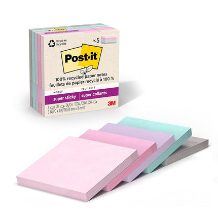 Post-it 100% Recycled Paper Super Sticky Notes, 2X The Sticking Power, 3x3 in, 5 Pads, 70 Sheets/Pad, Wanderlust Pastels Collection (654R-5SSNRP)