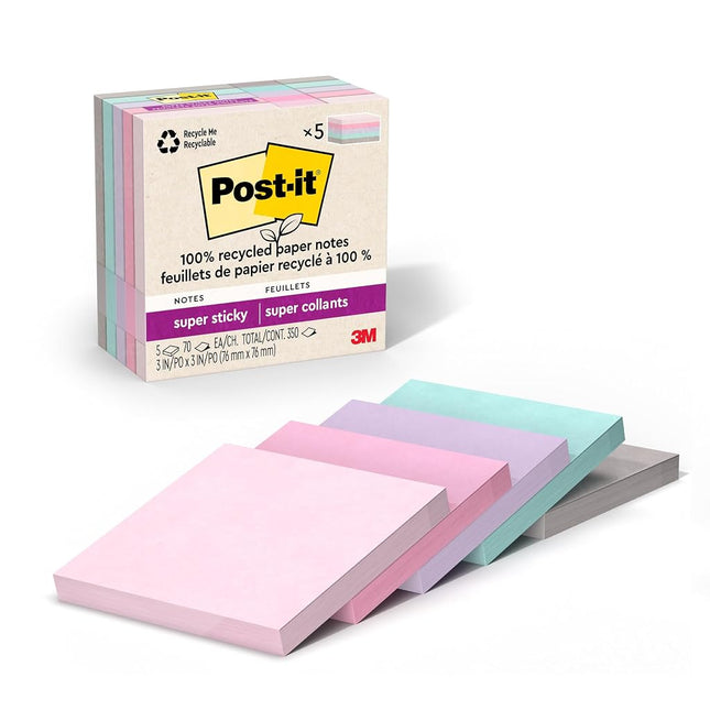 Post-it 100% Recycled Paper Super Sticky Notes, 2X The Sticking Power, 3x3 in, 5 Pads, 70 Sheets/Pad, Wanderlust Pastels Collection (654R-5SSNRP)