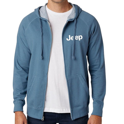 Sudadera con capucha y cremallera completa de felpa francesa Jeep - Azul pizarra - Sudadera unisex ligera supersuave con logo bordado, Azul pizarra, L