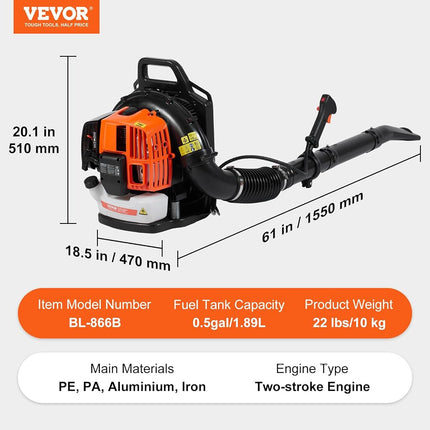 VEVOR Backpack Leaf Blower, 63CC 2-Cycle Gas Leaf Blower with 1.89L Fuel Tank, 1110CFM Air Volume 220MPH Speed, Ideal for Lawn Care, Leaf Cleaning, and Snow Removal