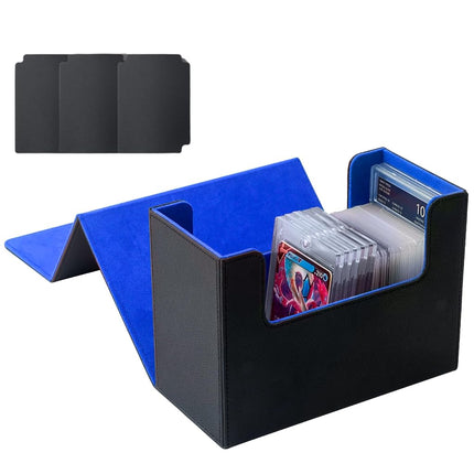 AWESOPAL Premium Graded Card Storage Box, PU Leather Case for PSA BGS Slabs, Toploader Holder for Trading & Sports Cards Fits 3” x 4” Rigid Cards (Black&Blue)