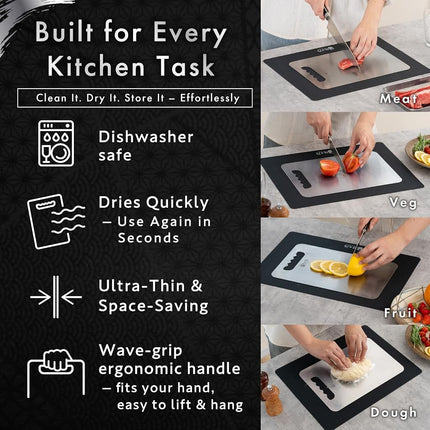 HIBINO Titanium Cutting Board | 99.5% Pure Japanese Titanium Chopping Board | Double-Sided, Non-Toxic, Lightweight & Dishwasher Safe | M Size | Made in Japan | Non-Slip Mat | Kitchen, BBQ & Camping