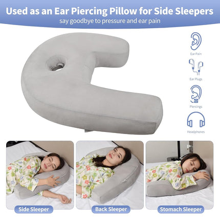 Nockovi 4" Hole Piercing Pillow for Side Sleepers (Pillow with Grey Velvet Pillowcase, J-Shape)