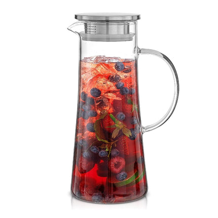 JoyJolt Glass Pitcher with Lid - 50oz Borosilicate Water Carafe, Jug with Stainless Steel Lid for Iced Tea, Lemonade, Juice, Mixed Drinks