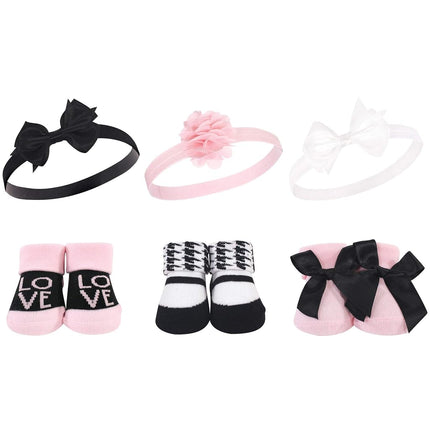 Hudson Baby Baby Girls' Headband and Socks Gift Set, Pink Black Love, One Size