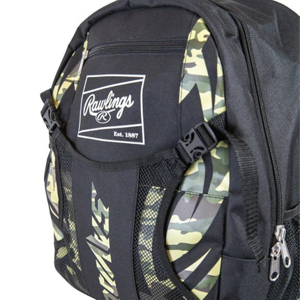 Rawlings Savage Youth Baseball Bag - Kids Bat Bag – Durable Baseball Backpack – Holds Two Bats – Includes Hook to Hang on Fence - Black/Camo