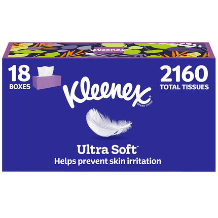 Kleenex Ultra Soft Mouchoirs en papier, 18 boîtes, 120 mouchoirs par boîte, 3 épaisseurs (2160 mouchoirs au total) (l'emballage peut varier)