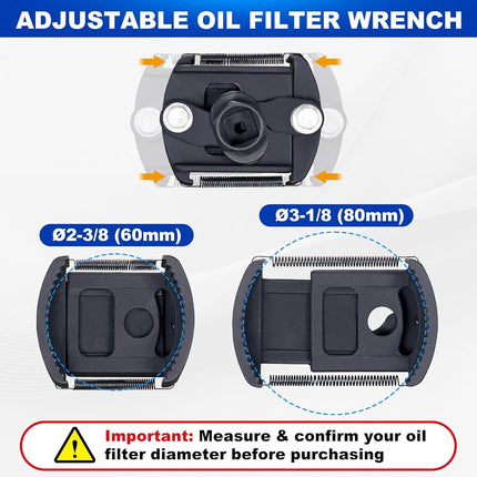 Spurtar Adjustable Oil Filter Wrench 2-3/8 to 3-1/8 inch 60-80mm Universal Oil Filter Removal Tool 1/2'' Drive Cap Style Oil Filter Tool Perfect Fits Small Medium-sized Spin-on Oil Filters