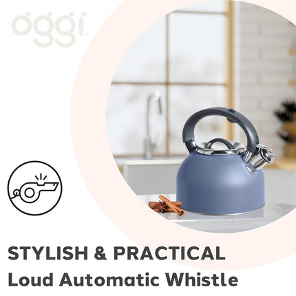 OGGI Tea Kettle for Stove Top - 64oz / 1.9lt, Stainless Steel Kettle with Loud Whistle, Ideal Hot Water Kettle and Water Boiler - Blue