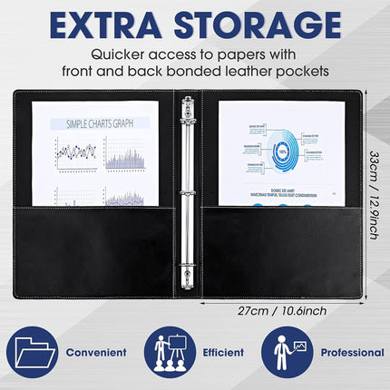 Marspark 2 Pcs Vintage Hardback 3 Ring Binder Professional Leather Binder Organizer Round Rings Holds 200 Sheets with 2 Inner Pockets(1 Inch,Black)