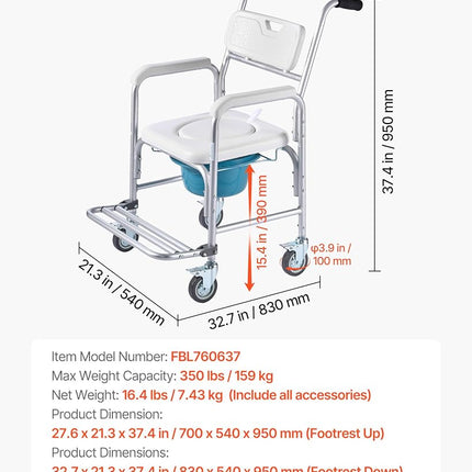 VEVOR Bedside Commode Chair with Wheels, 159 kg Capacity, 4-in-1 Portable Toilet and Raised Toilet Seat with Padded Seat/Backrest/Flip-up Footrest, Detachable 5L Bucket, Shower Wheelchair for Seniors