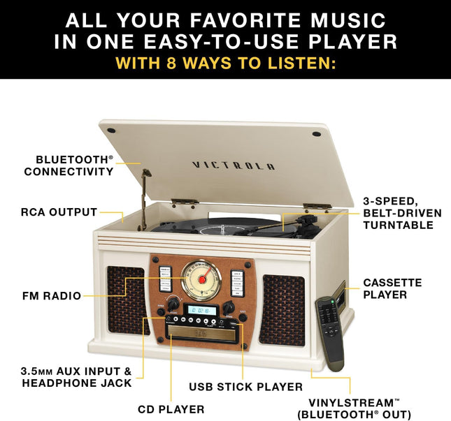 Victrola Nostalgic Aviator Wood 8-in-1 Bluetooth Turntable Entertainment Center, White