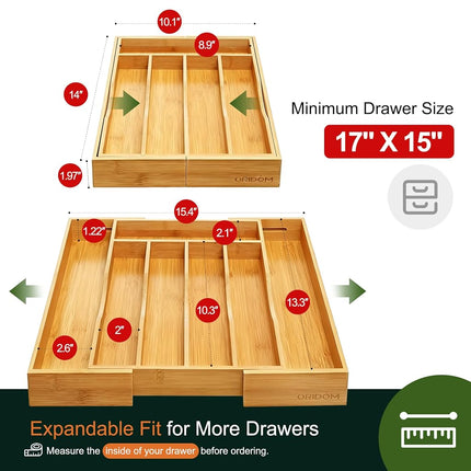 oridom Expandable Bamboo Kitchen Drawer Organizer for Cutlery and Utensils, Adjustable Bamboo Wood Cutlery Tray in Drawer for Flatware and Silverware in Kitchen, (Natural)