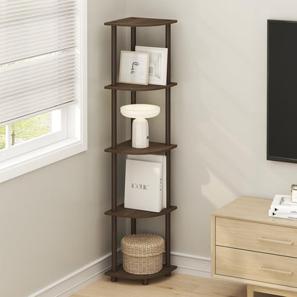 Furinno TURN-N-TUBE Set of 2, 5-Tier Corner Shelf, Bookcase, Walnut