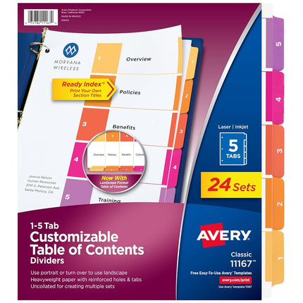Avery 5-Tab Dividers for 3 Ring Binders, Customizable Table of Contents, Multicolor Tabs, 24 Sets (11167)