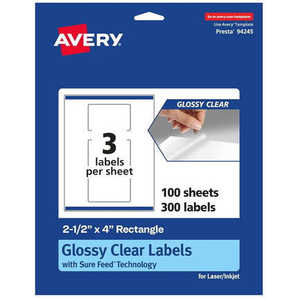 Avery Glossy Clear Rectangle Labels with Sure Feed, 2.5" x 4", 300 Glossy Clear Labels, Print-to-The-Edge, Laser/Inkjet Printable Labels
