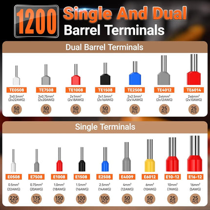 Ferrule Crimping Tool Kit, Preciva Upgrade Double & Single Ferrules Connectors,16-6 Hexagonal Ratchet Jaw Wire Crimping Pliers AWG 28-5 (0.08-16mm²) with 1200PCS Terminal Connector Sleeves, CP94120