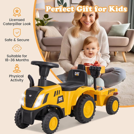 Licensed Caterpillar Ride on Tractor by OLAKIDS, 2 in 1 Ride on Push Car with Detachable Trailer, Headlight, Horn, Rake, Shovel, Foot to Floor Walker Toy Sliding Truck for Kids Toddler